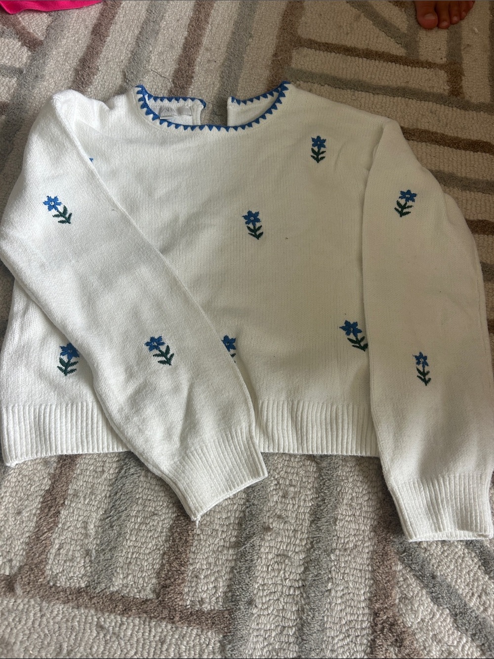 Zara White Crewneck Sweater with Blue Floral Embroidery size 12 girls